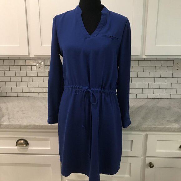 AGB Dress Womens Small Blue Long Sleeve V Neck Drawstring Waist Tunic Solid - Picture 1 of 7